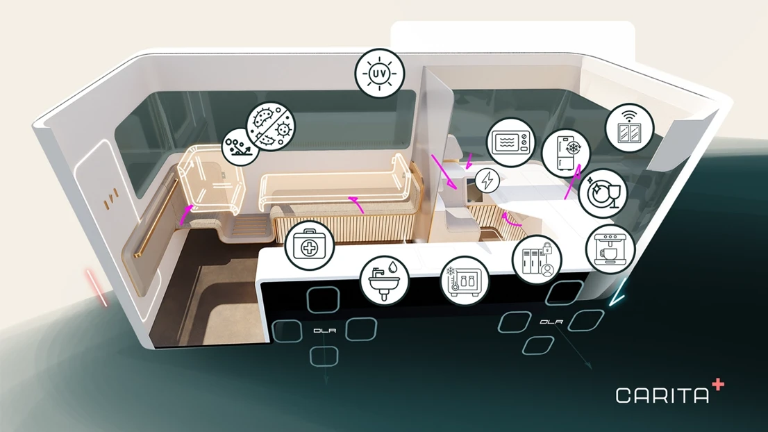 Further interior features, related to medical practice, hygiene and user well-being.