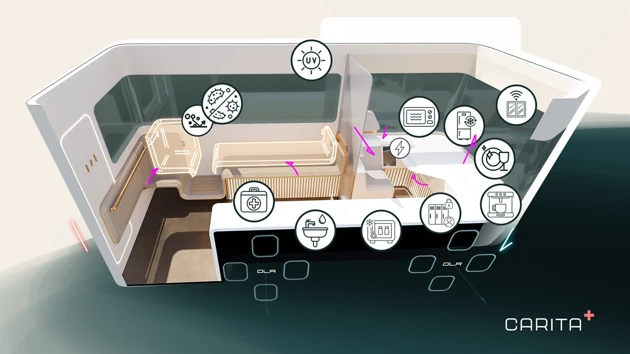 Further interior features, related to medical practice, hygiene and user well-being.