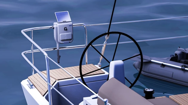 Charging station attached to the leading boat’s stern pulpit.