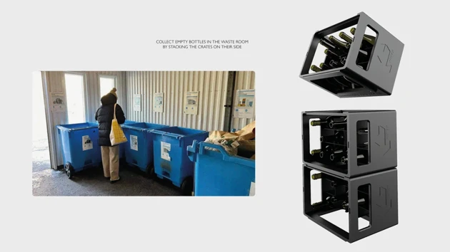 The crates are designed to be stackable two ways: one for transportation and one for collection