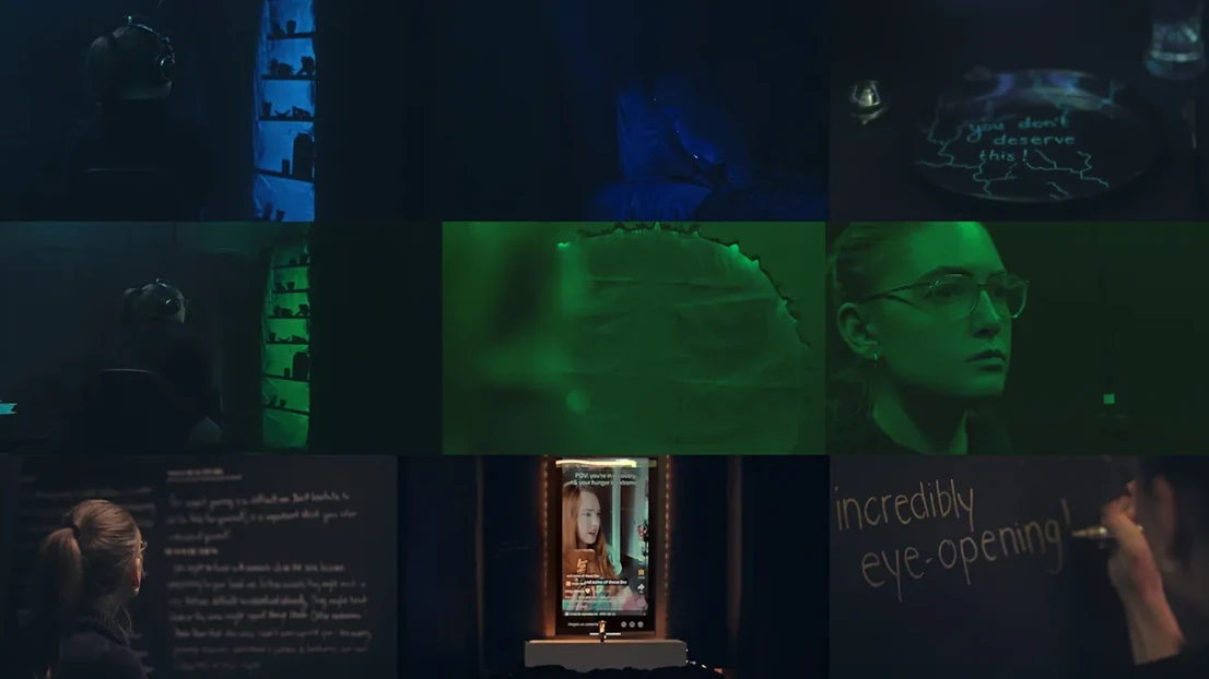 Color script: Color evolution thought the experience. From the darkness of the beginning, the poisoning of the voice, to the gold of recovery