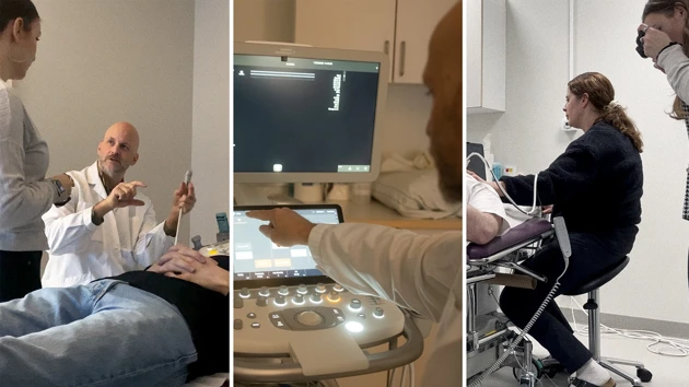 Three photos of biomedical analysts demonstrating ultrasound use in a hospital, explaining plaque detection and scan interpretation processes.