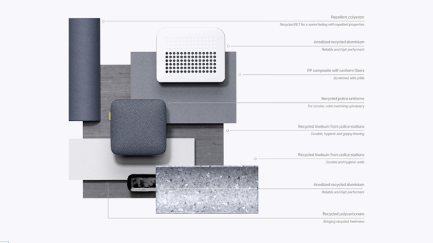 The CMF focuses on material circularity, durability, and hygiene. The color palette is inspired by police uniforms and incorporates natural hues from recycled police uniforms. 