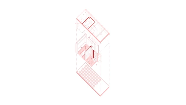 A 3D floor plan in red showing layers in a building