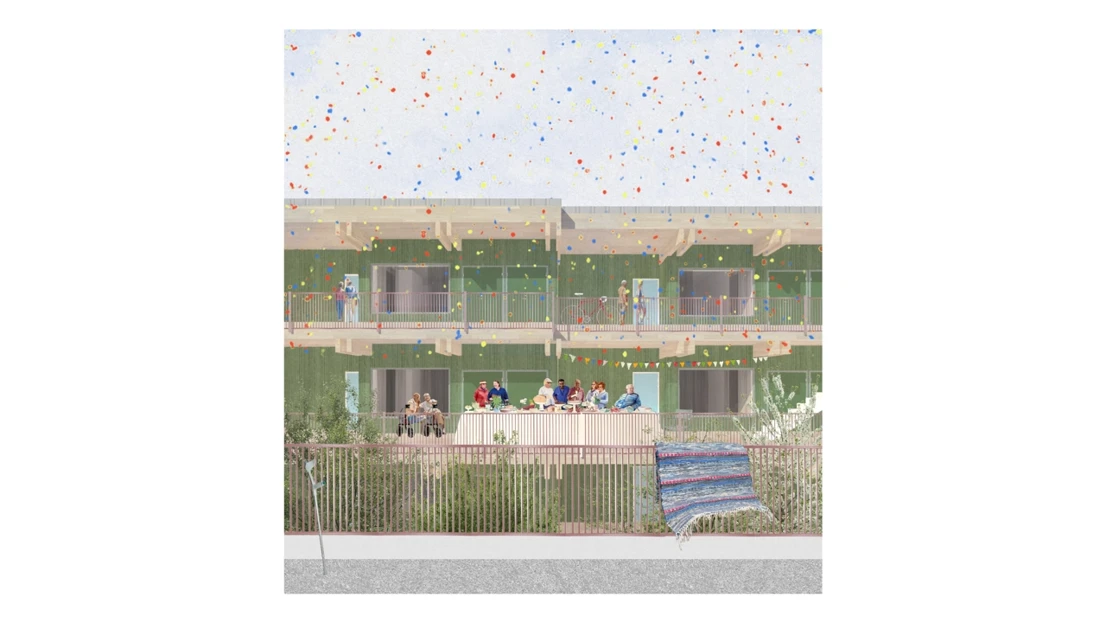 A rendered image of the exterior of an apartment building with people gathered outside and confetti in the air