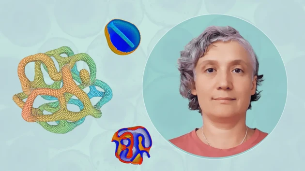 A woman with gray hair and a blue background