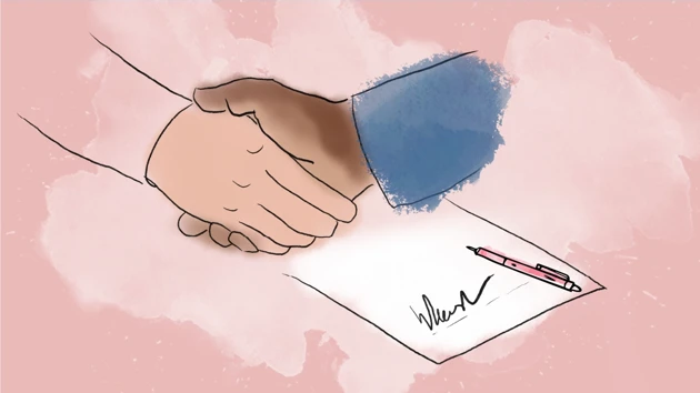 Illustration av två händer som skakas och ett underskrivet kontrakt nedanför. 