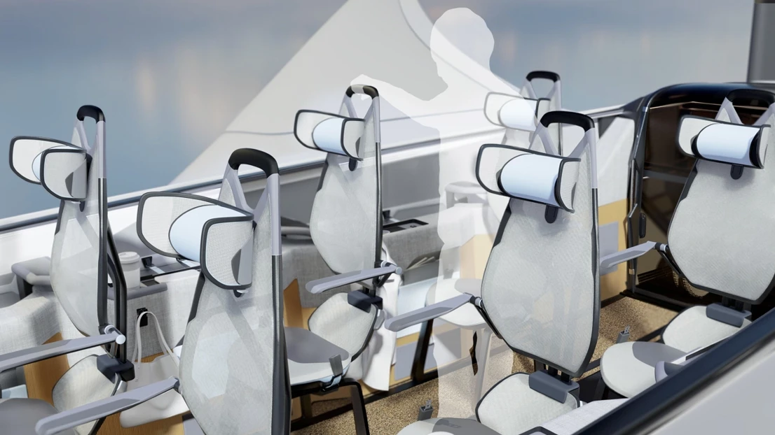 Interior interaction—user standing and gripping seat handle to show flow and accessibility.