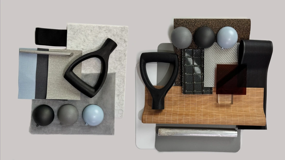 Material tray - physical samples of selected materials for structure, surfaces, and textiles.