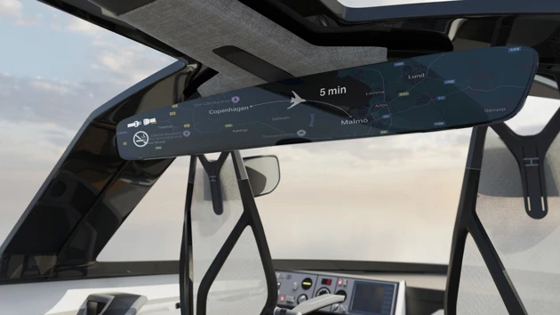 Passenger info screen for route visibility, remaining flight time, and safety indications.