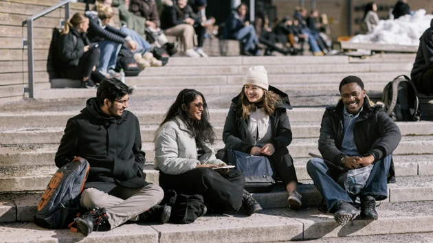 Internationella personer sitter på en trappa utanför Lindellhallen.