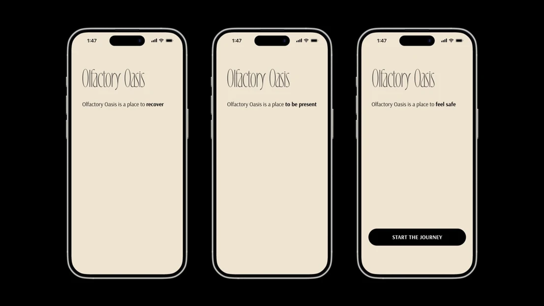 Olfactory Oasis application three main goals presented in three landing screens.
