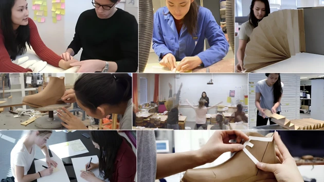 A collage of photos of a woman working on a sculpture.
