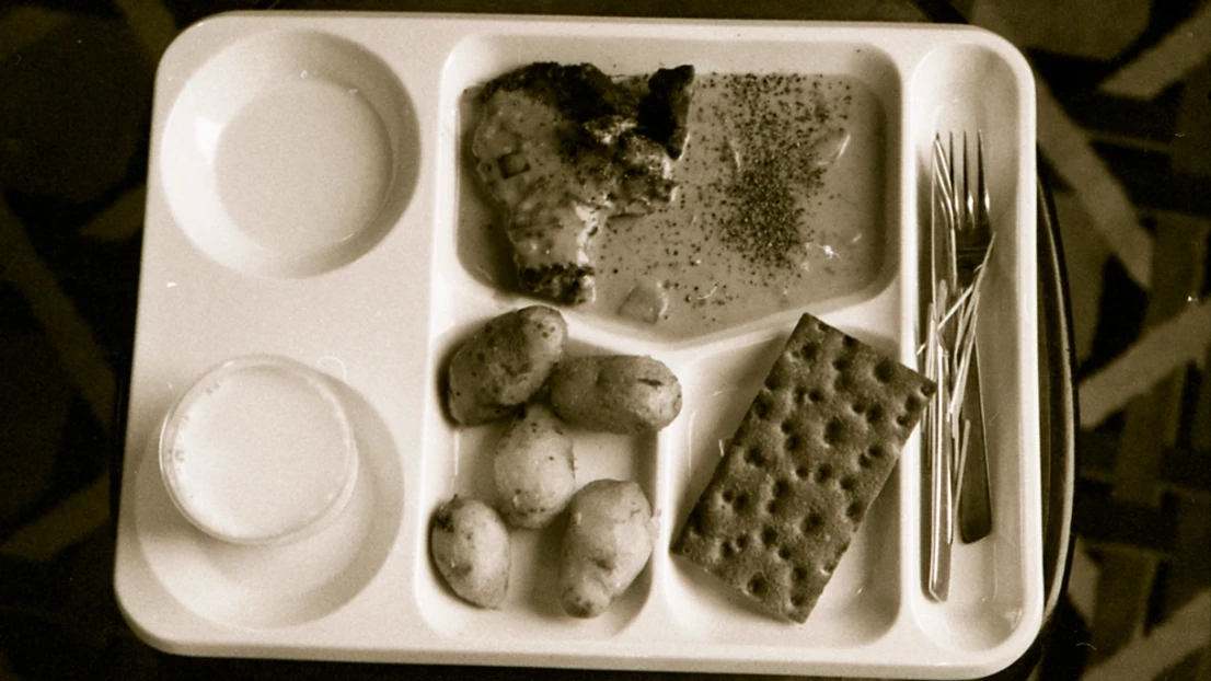 Food arranged in different compartments on a moulded food tray