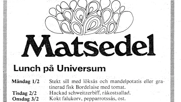 Gammal matsedel för luncherna på Universum