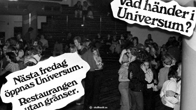 Svartvitt foto med text om öppningen av Universums restaurang