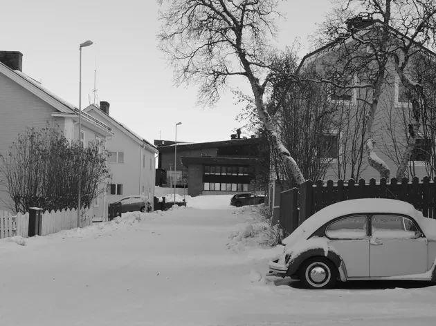 Kiruna, houses, car, trees, snow