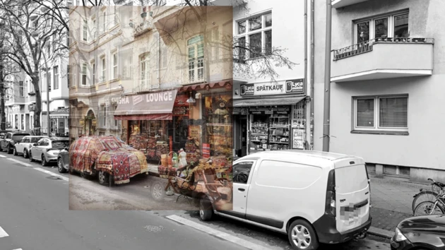 Collage av en gata i Berlin och en turkisk mattbutik i Istanbul. 