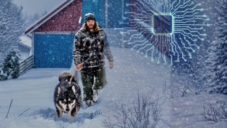 AI‑generated image of Anngelica Kristoferqvist, based on an original photograph by Till Darlin taken in Norway, depicting a man walking down a farm jetty with a dog during a snowstorm.
