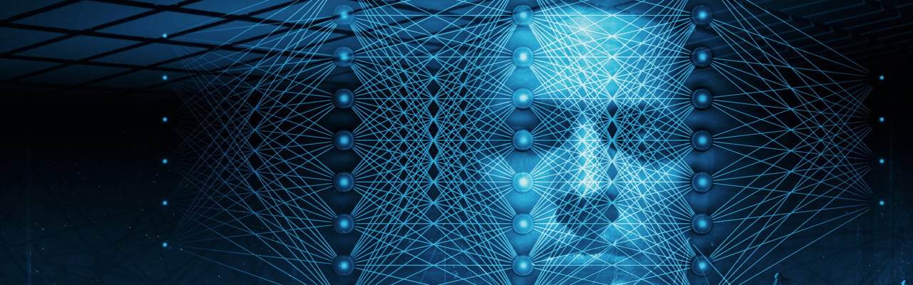 3D-illustration med neurala nätverk och ett blått människoansikte för att illustrera artificiell intelligens.