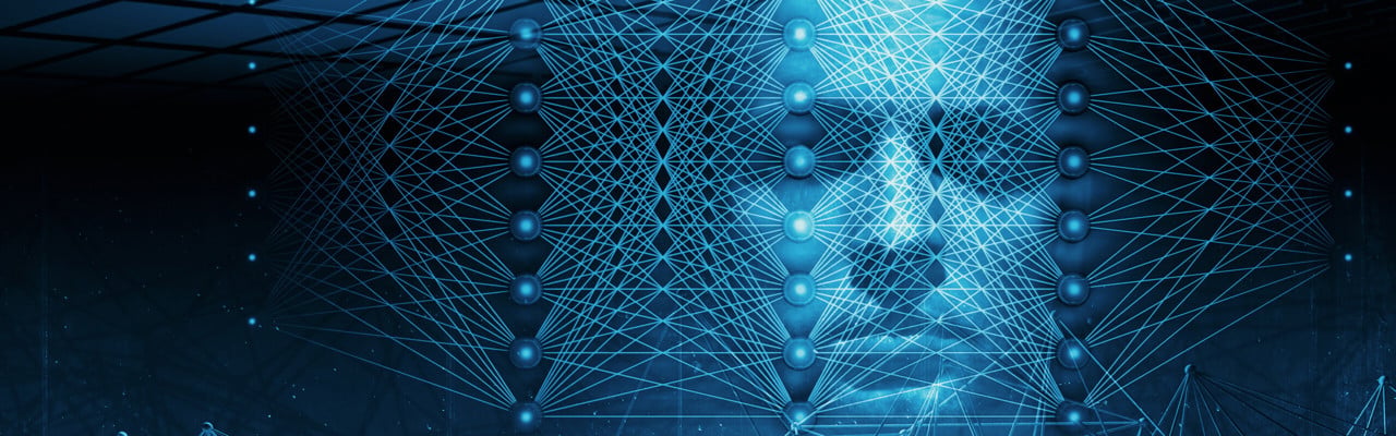 3D-illustration med neurala nätverk och ett blått människoansikte för att illustrera artificiell intelligens.