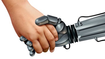 Barns hand håller i robothand. För att illustrera barn och artificiell intelligens.
