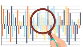 Illustration som visar en hand som håller ett förstoringsglas över grafer. Ska illustrera analys av statistiska data.