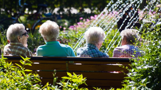 Fyra äldre kvinnor sitter på en parkbänk och samtalar.