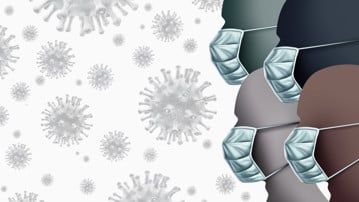 Grafisk illustration av virus i luften och personer med munskydd