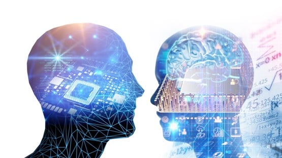 Illustration med två huvuden och symboler som ska illustrera artificiell intelligens.