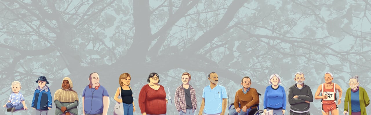 Illustration med livets träd och livets gång i form av tecknade människor i olika åldrar.
