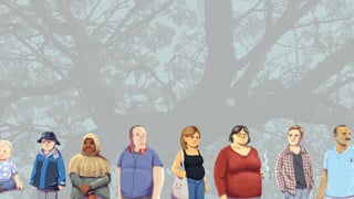 Illustration med livets träd och livets gång i form av tecknade människor i olika åldrar.