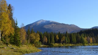 Vy över landskap i Jämtland med fjäll, skog och sjö under hösten.
