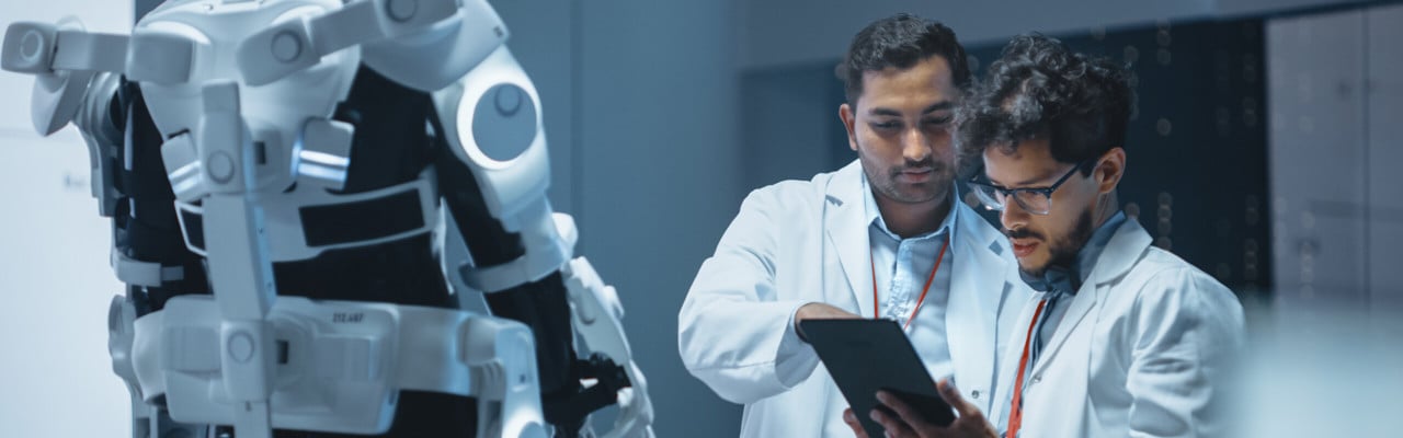 Bilden visar forskare som står framför en robot.