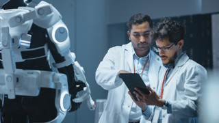Bilden visar forskare som står framför en robot.