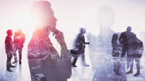 The picture is a collage of people interacting and with a city skyline in the background.