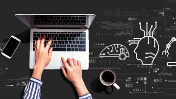 Bilden visar tekniska illustrationer och en laptop.