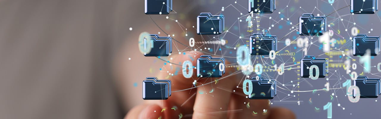 Illustration of data mining, the picture shows folders, zeros and ones and a network.