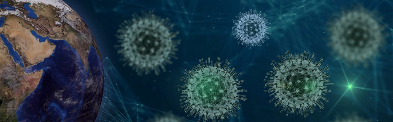 Bild på jordglob omringad av Coronavirus