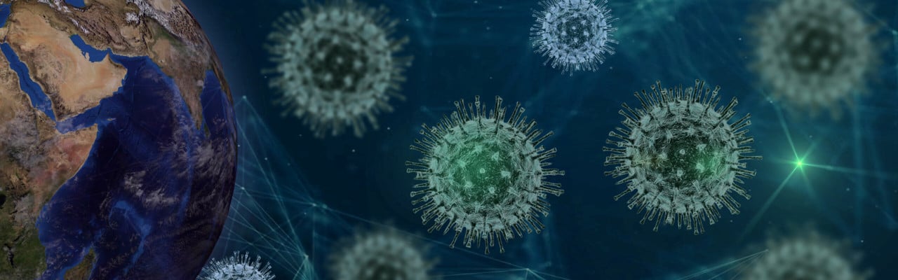 Bild på jordglob omringad av Coronavirus