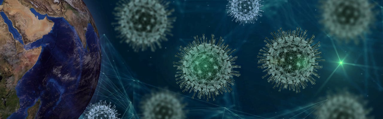 Bild på jordglob omringad av Coronavirus