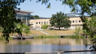 Campusdammen genom trädgrenar