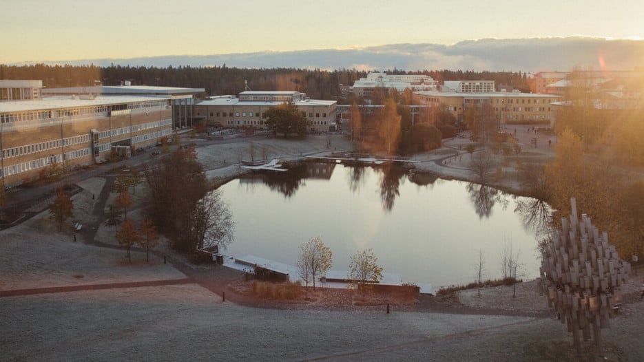 Parts of Campus Umeå and the campus pond from above. 