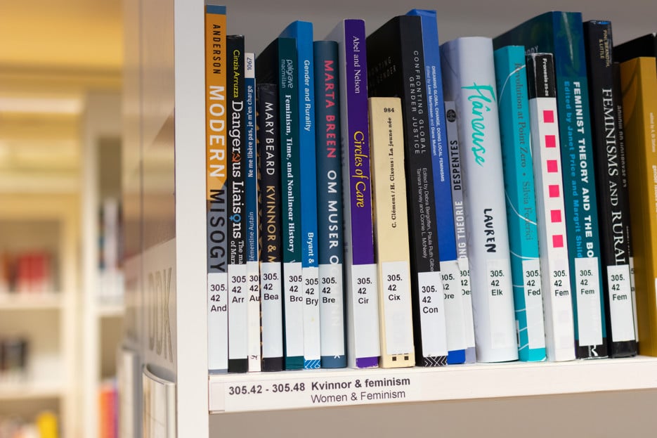 The picture shows books in a shelf arranged by DDC code.