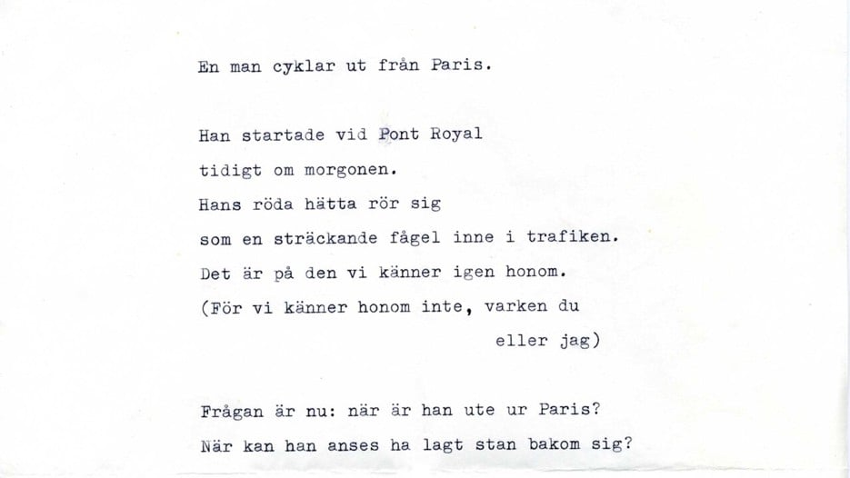 En dikt av Torgny Lindgren, skriven på skrivmaskin. Från Torgny Lindgrens arkiv, Umeå universitetsbibliotek.