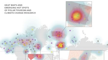 Karta över Arktis med "hot spots" för turism och teman inom klimatförändringar markerade.