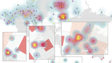 Karta över Arktis med "hot spots" för turism och teman inom klimatförändringar markerade.