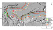 Kartbild med GIS-data- färgade linjer som markerar arkeologiska fynd.