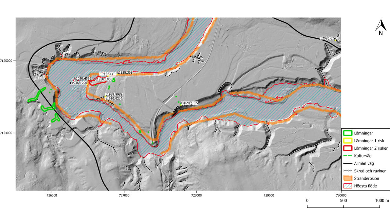 Kartbild med GIS-data- färgade linjer som markerar arkeologiska fynd.