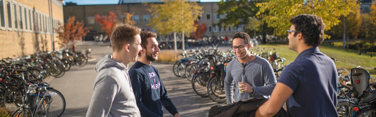 Några personer står och pratar utomhus på campus. Höstfärger i bekgrunden.
